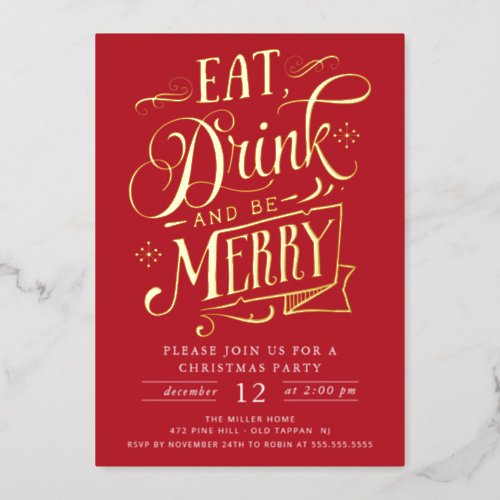 Eat Drink  Be Merry Christmas Party Foil Holiday Card