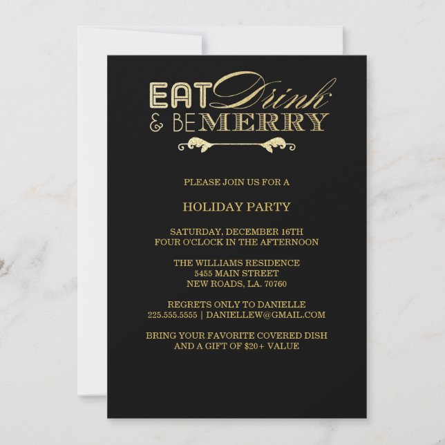 Eat Drink Be Merry Christmas Party | Gold Glitter Invitation (Front)