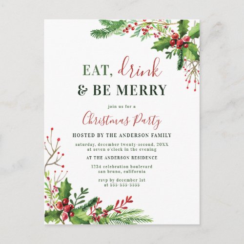Eat Drink  Be Merry  Christmas Party Invitation Postcard