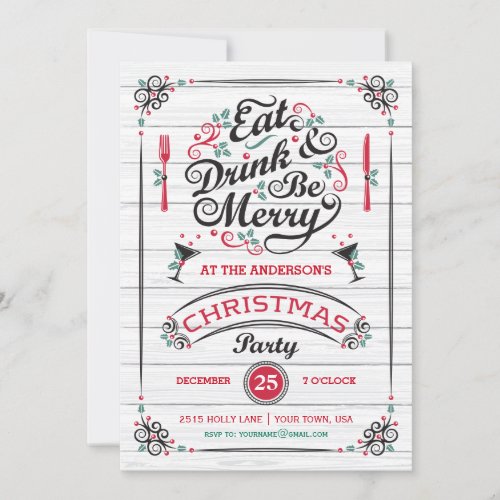 Eat Drink  Be Merry Christmas Party Rustic Wood Invitation