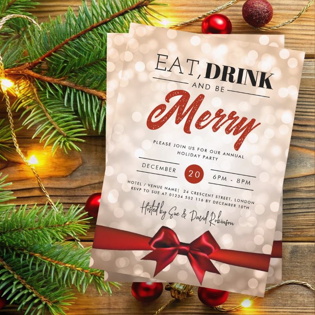Eat, Drink Be Merry Copper Bokeh Holiday Xmas Bow Invitation (Creator Uploaded)