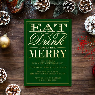 Eat, Drink & Be Merry Festive Christmas Real Foil Invitation