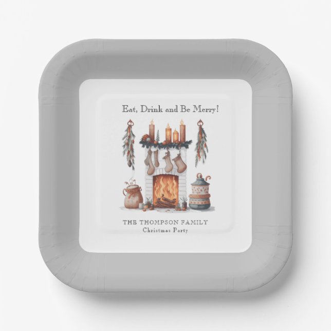 Eat Drink Be Merry Festive Fireplace Christmas Paper Plates (Front)