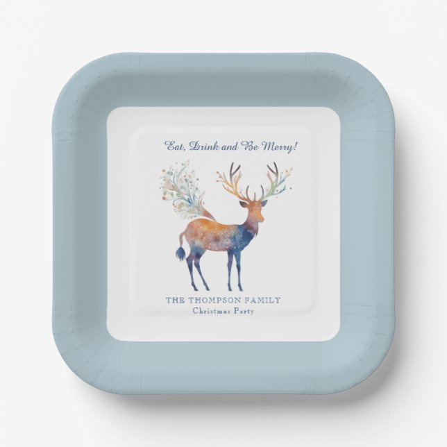Eat Drink Be Merry Festive Reindeer Christmas Paper Plates (Front)