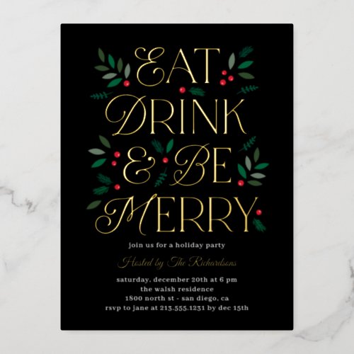 Eat Drink Be Merry Foil Holiday Invite Postcard