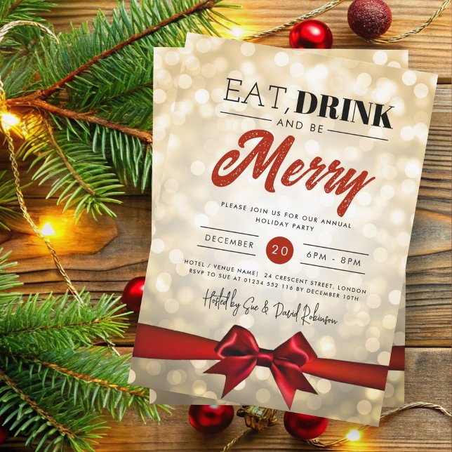 Eat, Drink Be Merry Gold Bokeh Holiday Xmas Bow Invitation (Creator Uploaded)