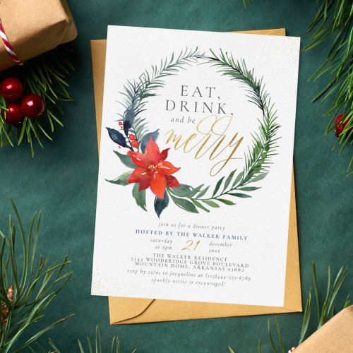 Eat Drink  Be Merry  Gold Christmas Dinner Party Invitation