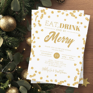 Eat Drink Be Merry Gold Glam Glitter Holiday Xmas Invitation