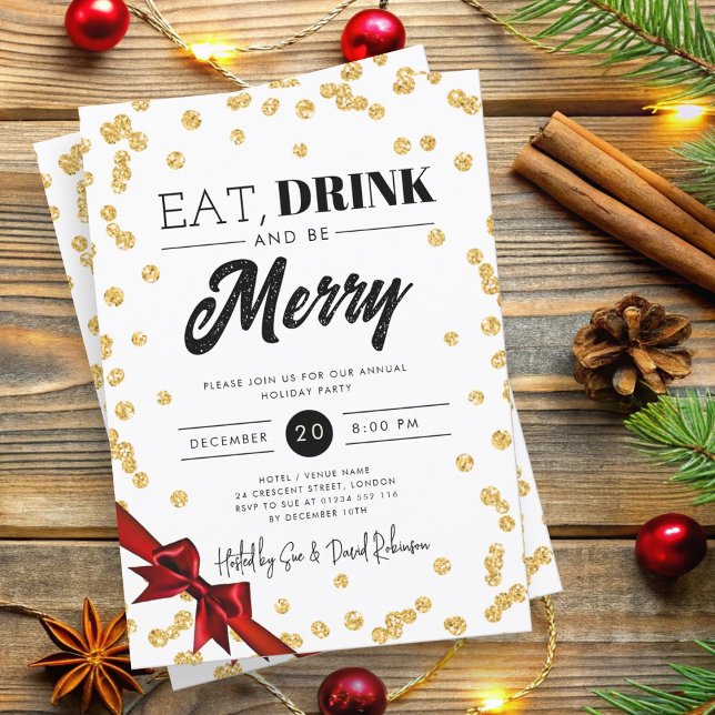 Eat, Drink Be Merry Gold Glitter Xmas Ribbon Invitation (Eat, Drink Be Merry Gold Glitter Xmas Ribbon Invitation)