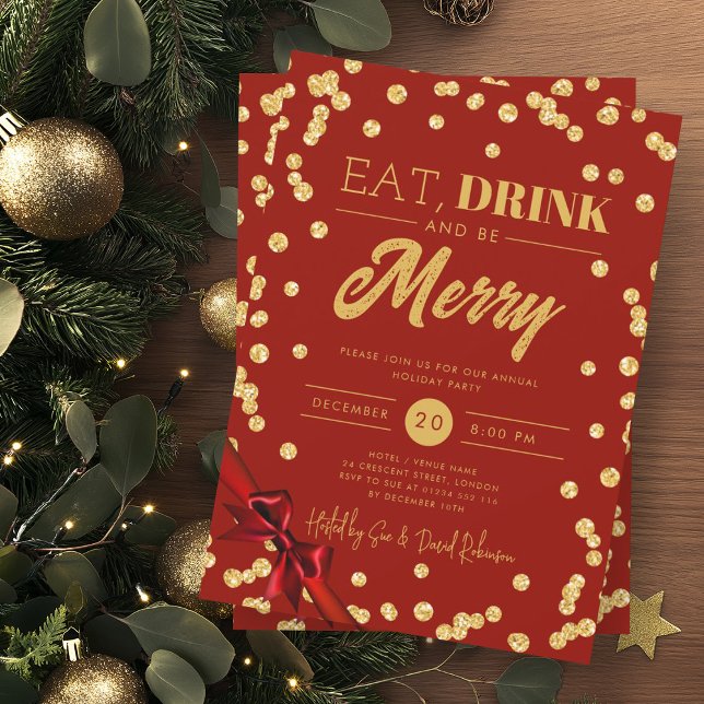Eat, Drink Be Merry Gold Glitter Xmas Ribbon Red  Invitation (Creator Uploaded)