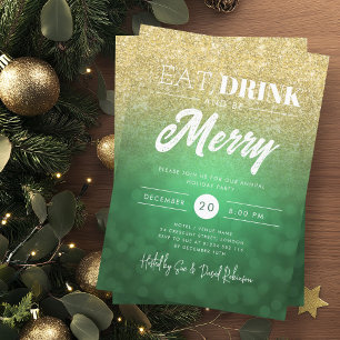 Eat, Drink Be Merry Gold Green Bokeh Holiday Xmas Invitation