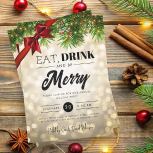 Eat, Drink Be Merry Gold Pine Lights Holiday Xmas Invitation