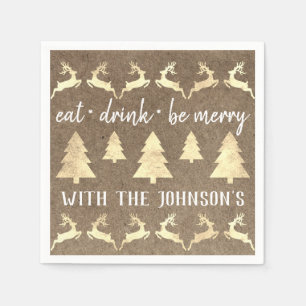Eat Drink Be Merry Gold Reindeer Kraft Bronze Whit Napkins