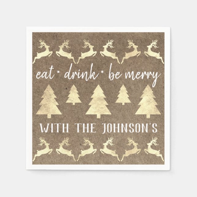 Eat Drink Be Merry Gold Reindeer Kraft Bronze Whit Napkins (Front)