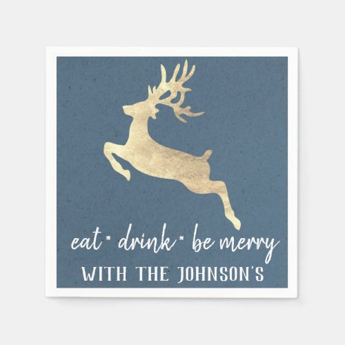 Eat Drink Be Merry Gold Reindeer Kraft White Blue Napkins