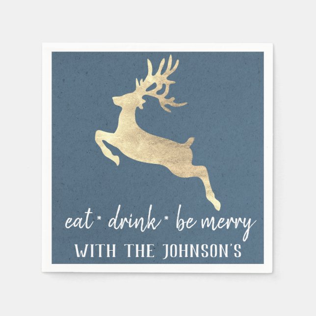 Eat Drink Be Merry Gold Reindeer Kraft White Blue Napkins (Front)