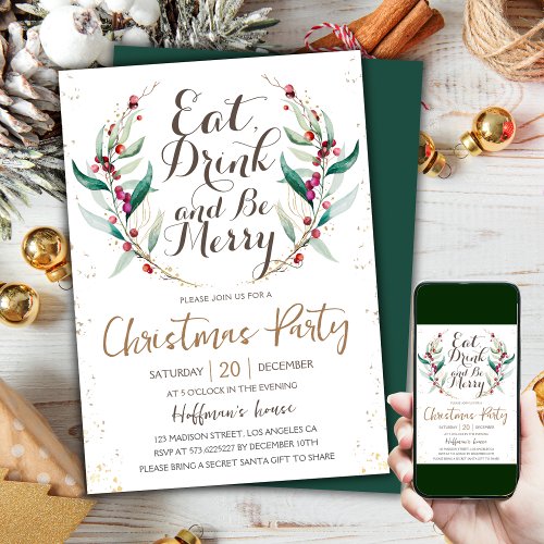 Eat Drink  Be Merry  Gold Wreath Christmas Party Invitation