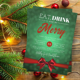 Eat, Drink Be Merry Green Bokeh Holiday Red Bow Invitation