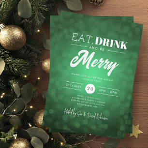 Eat, Drink Be Merry Green Bokeh Holiday Xmas Invitation