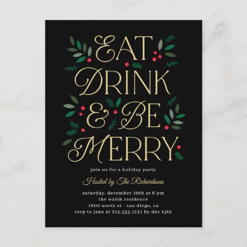 Eat Drink Be Merry Holiday Invitation Postcard