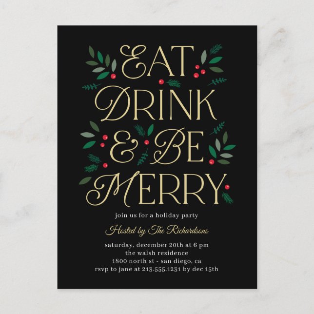 Eat Drink Be Merry Holiday Invitation Postcard (Front)