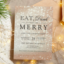 Eat drink be merry Holiday rose gold glitter bokeh Invitation