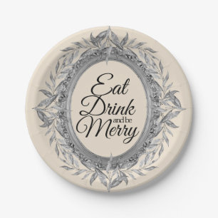 Eat Drink Be Merry Holiday Silver Leaves Wreath Paper Plates