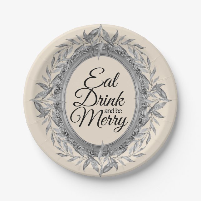 Eat Drink Be Merry Holiday Silver Leaves Wreath Paper Plates (Front)