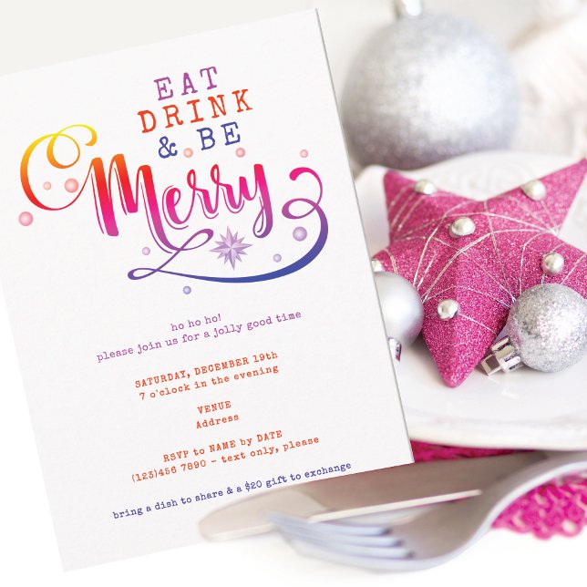 Eat Drink Be Merry Pink Christmas Potluck Invitation (Pink Eat Drink and Be Merry Christmas Potluck Invitation for Church Family Office Xmas Parties)