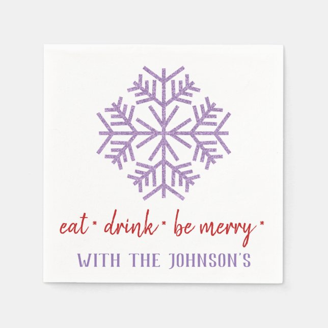 Eat Drink Be Merry Purple Red White Snowflakes Napkins (Front)