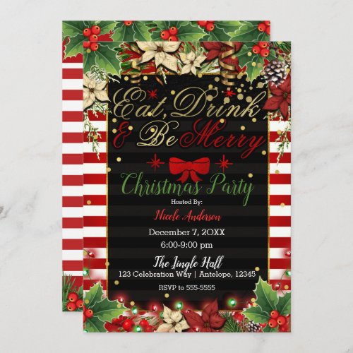 Eat Drink Be Merry Red Bow Christmas Holiday Party Invitation