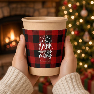 Eat Drink Be Merry Red Buffalo Plaid Christmas Coffee Cup Sleeve