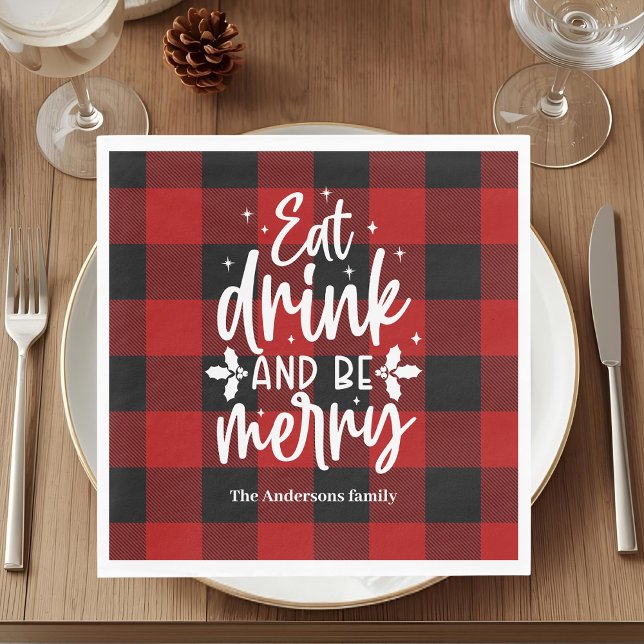 Eat Drink & Be Merry Red Buffalo Plaid Christmas  Napkins (Creator Uploaded)
