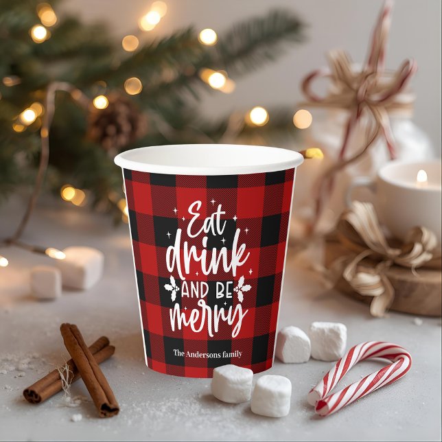 Eat Drink & Be Merry Red Buffalo Plaid Paper Cups (Creator Uploaded)