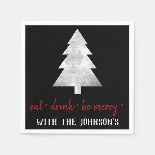 Eat Drink Be Merry Red Christmas_tree Black White Napkins