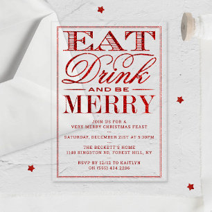 Eat, Drink & Be Merry Red Glitter Christmas Acrylic Invitations