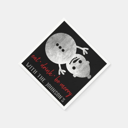 Eat Drink Be Merry Red Gold Gray White Snowmans Napkins