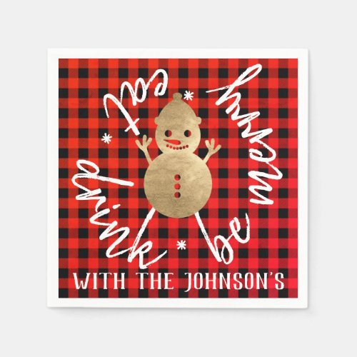Eat Drink Be Merry Red Gold Snowman Buffalo Napkins