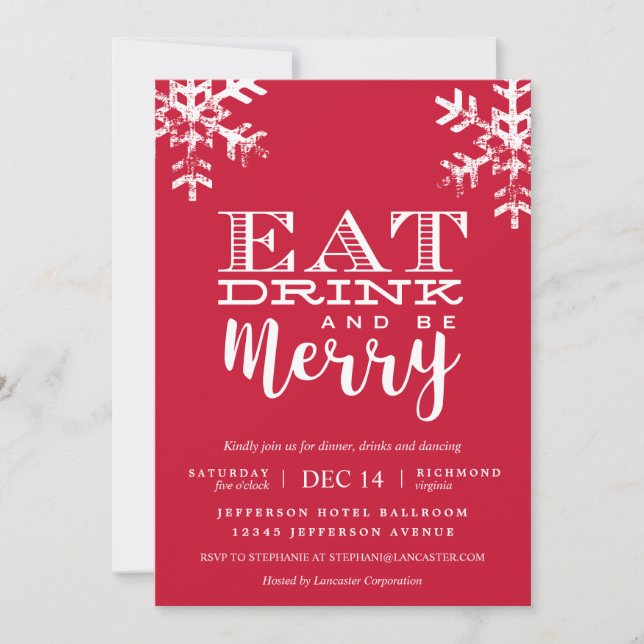Eat Drink be Merry Red Snowflake Christmas Party Invitation (Front)