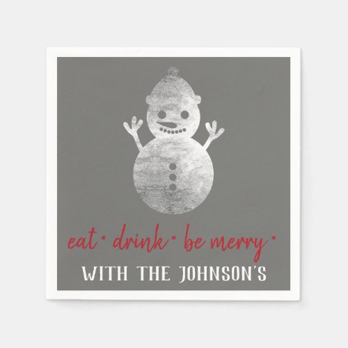 Eat Drink Be Merry Red Snowman Gray Grey White Napkins