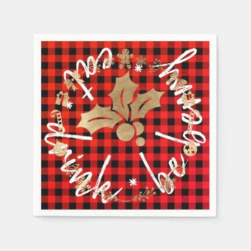 Eat Drink Be Merry Red Stars Holly Berry Buffalo Napkins