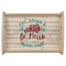 Eat Drink &amp; Be Merry Red Vintage Truck Wine barrel Serving Tray