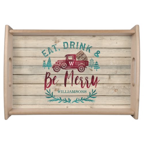 Eat Drink  Be Merry Red Vintage Truck Wine barrel Serving Tray