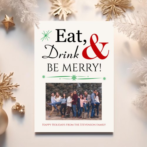 Eat Drink Be Merry Retro Red Green Christmas Photo Invitation