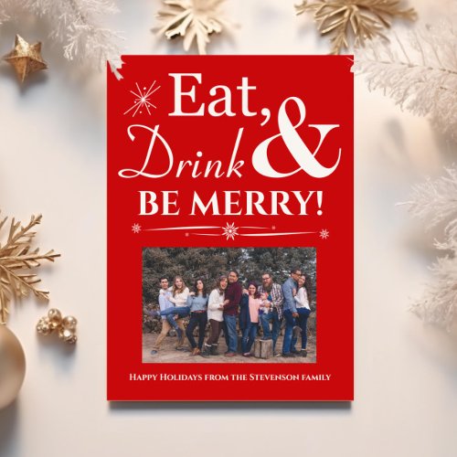 Eat Drink Be Merry Retro Red Photo Christmas Invitation