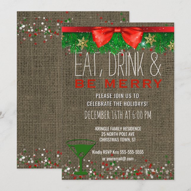 Eat Drink Be Merry Rustic Holiday Cocktail Party Invitation (Front/Back)