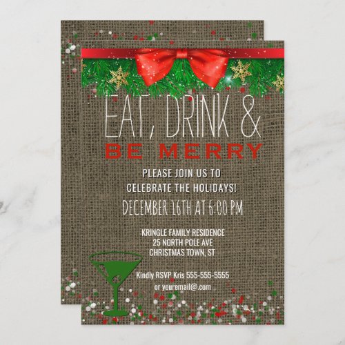Eat Drink Be Merry Rustic Holiday Cocktail Party Invitation
