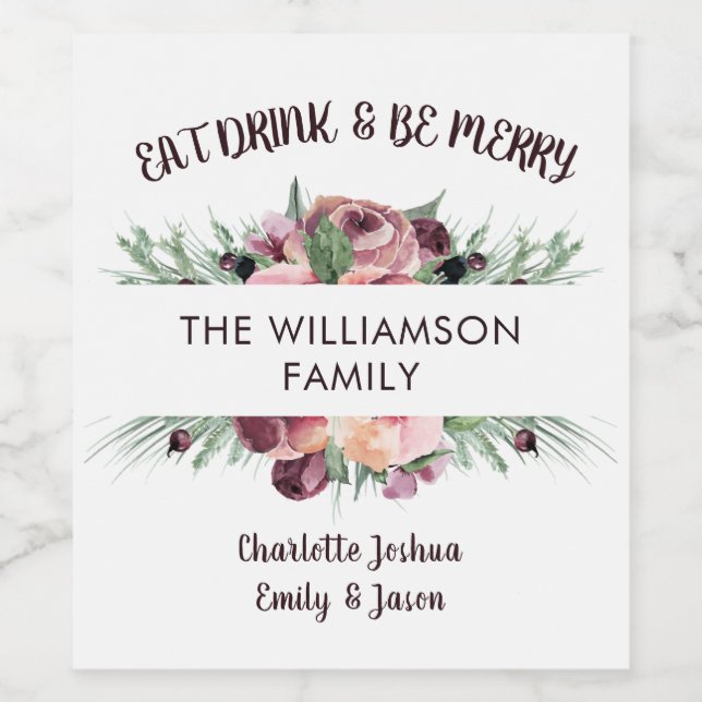 Eat Drink & Be Merry Rustic Watercolor Boho Wine Label (Single Label)