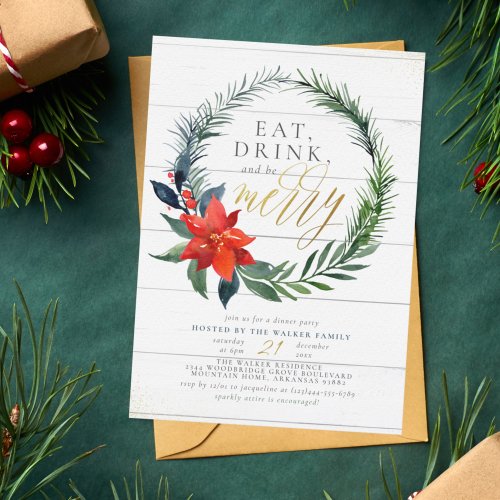 Eat Drink  Be Merry  Rustic Wood Dinner Party Invitation