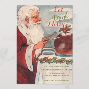 Eat Drink & Be Merry Santa Christmas Pudding Party Invitation